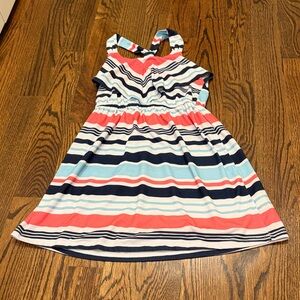 Girls Striped Cotton Sundress - Coral, Navy & Light Blue